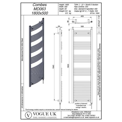 Vogue Combes 1800 x 500mm Curved Ladder Towel Rail Heating Only Chrome 1904BTU MD063 MS18050CP